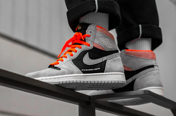 jordan 1 grey crimson on feet